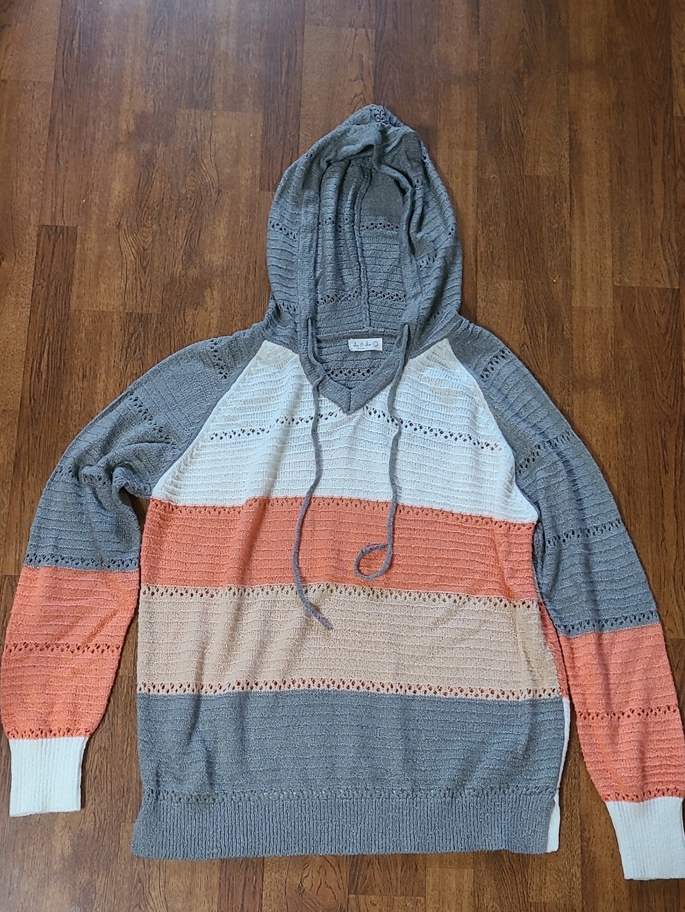 Woman's Striped Hooded Sweater - Gray, Cream & Coral